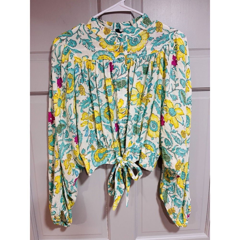 Rachel Roy Womens Blouse Size Large Cropped Tie Front Puff Sleeves Relaxed